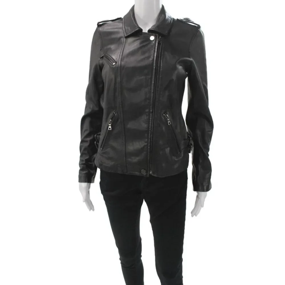 Rebecca Taylor Womens Black Leather Biker Jacket Button Size 2
